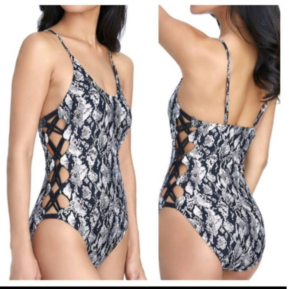 NWT Ibiza Black Leopard Print Metallic Side Knotted‎ One Piece Swimsuit Medium - Picture 1 of 12